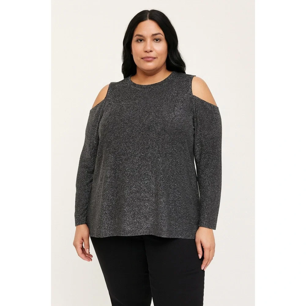 NWT Michael Kors Black Silver Sparkle Cold Shoulder LS‎ Top Blouse SizE L